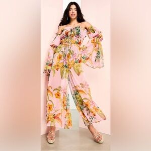 ASOS oversized sz 12 off shoulder long sleeve sheer jumpsuit in floral NWOT